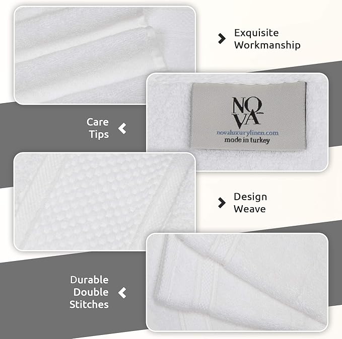 NOVA Luxury Linen - Hotel Quality Turkish Towel Set for Bathroom (4 Pcs Hand Towel Set, Pure White)