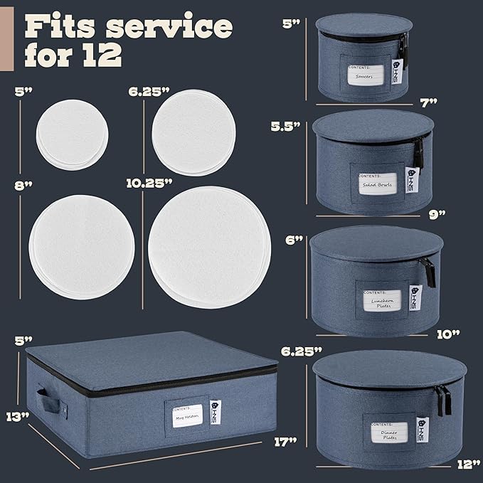 Hard Shell China Storage Containers 5-Piece Set Moving Boxes for Dinnerware, Glasses, Plates, Mugs and Saucers Sturdy Dish Organizer with Dividers for Seasonal Storage - Service for 12 - Denim Blue