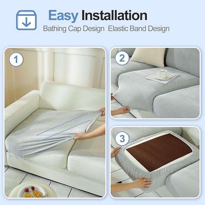 Couch Cushion Covers Individual Large Super Stretch Chenille (Softer Version) Sofa Cushion Covers, Couch Seat Covers Couch Slipcovers Furniture Protector (3 Piece, Light Grey)