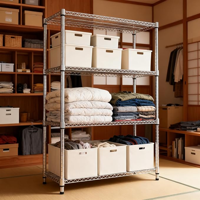 4 Tiers Shelf Metal Storage Shelves 2640 lbs Steel Storage Shelving Utility Shelving Unit Steel Organizer Wire Rack for Home,Kitchen,Office,Garage Chrome 17.7" D x 47.2" W x 70.3" H