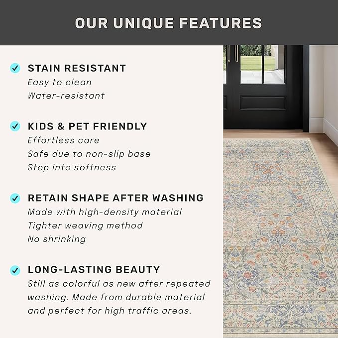 Vintage Washable Beige Blue 10x12 Rug for Living Room - Extra Large Area Rug for Dining Room Under Table, Bedroom - Botanical Floral Design with Purple Accent, Non-Slip Lightweight Soft Low Pile