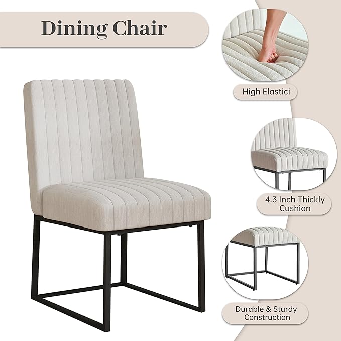VKNOW Upholstered Dining Chairs, Modern Dining Room Chairs with Stripe, Linen Kitchen Chair Dinner Chair with Black Metal Base for Kitchen Office, Beige