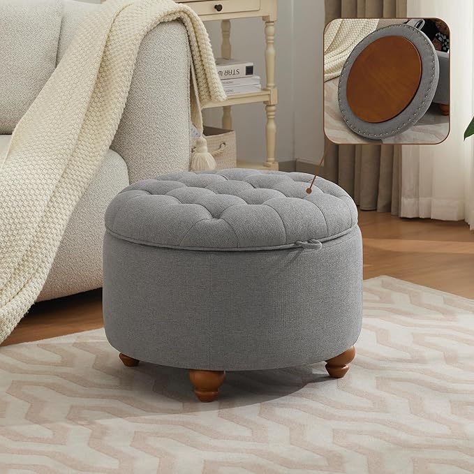 24Inch Round Storage Ottoman with Tray, Modern Tufted Fabric Circle Coffee Table with Storage, Upholstered Ottoman with Removable Top for Living Room, Bedroom, Light Grey