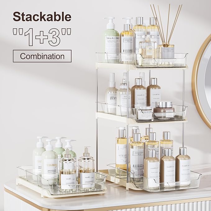 Delamu 2-Tier Multi-Purpose Bathroom Under Sink Organizers and Storage, Stackable Kitchen Pantry Organization, Pull Out Medicine Cabinet Organizer with Movable Dividers, Beige, 4 Pack