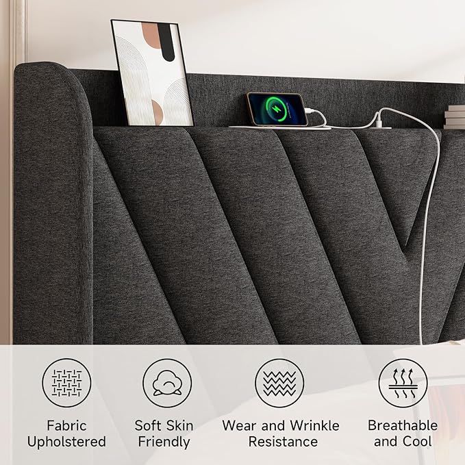 koorlian Full Size Bed Frame, Full Bed Frame with Headboard, Adjustable Upholstered Bed with Type-C&USB Port, Wingback Storage Headboard, Noiseless, No Box Spring Needed, Dark Gray