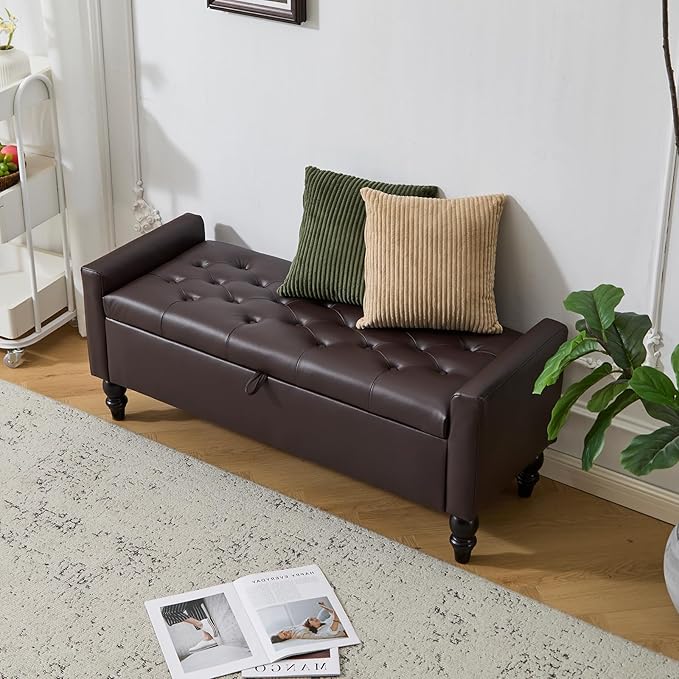 47" Storage Ottoman Bench, End of Bed Bench for Bedroom, Leather Upholstered Ottoman with Storage for Living Room, Entryway, Window (Brown)