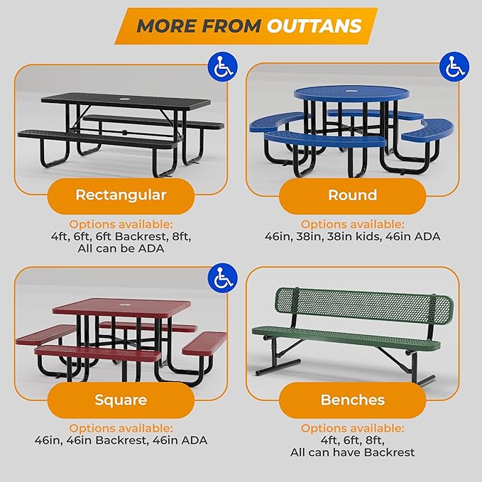Metal Picnic Tables for Outdoors with Umbrella Hole - Coated Steel Heavy Duty Commercial Grade Furniture Set with Adjustable Seats (Blue, 38 in, Round, Expanded Steel)