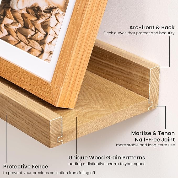 Solid Ash Wood Picture Ledge Shelf, Floating Shelves Set of 2, 56 Inch Long Large Ledge Shelves, Nursery Book Shelves Wall Mounted for Living Room Bedroom Kitchen Decor Kids Bookshelf, Natural