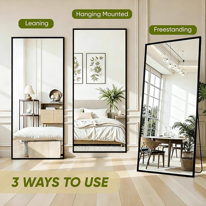 Full Length Mirror, 72"x44" Full Body Mirror, Floor Mirrors with Stand, Body Mirrors Standing Hanging Leaning Against Wall,Aluminum Frame Mirrors for Bedroom Cloakroom,Living Room,Black