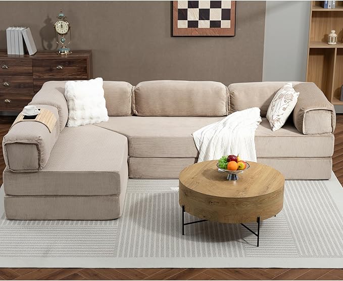 108" L Shaped Couch, Modular Sectional Sofa with Chaise, Cloud Boneless Couch with Deep Seat & Removable Pillow for Living Room, Bedroom,No Assembly Required（Camel）