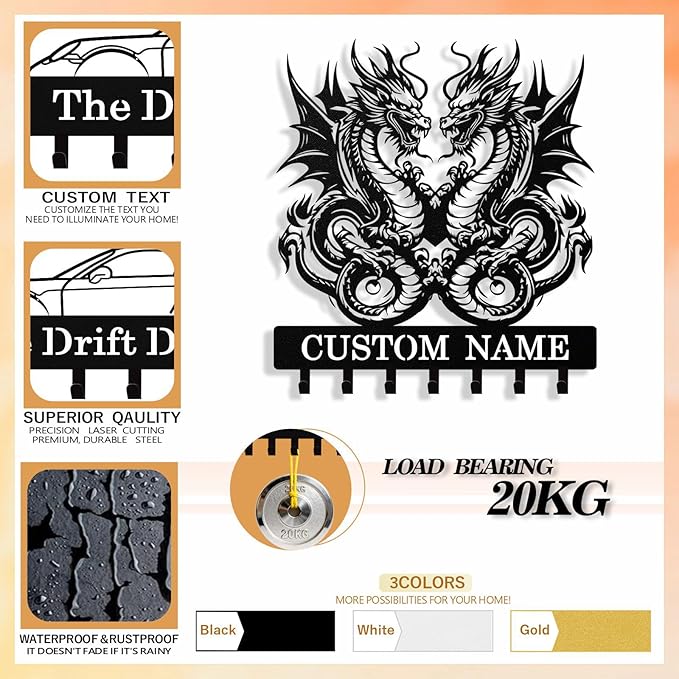 Personalized Dragon Key Holder Wall Mount, Custom Metal Keys Hanger for Wall with Name, Custom Key Rack Holder with Hooks for Home, Entryway, Front Door, Living Room, Kitchen, Bathroom