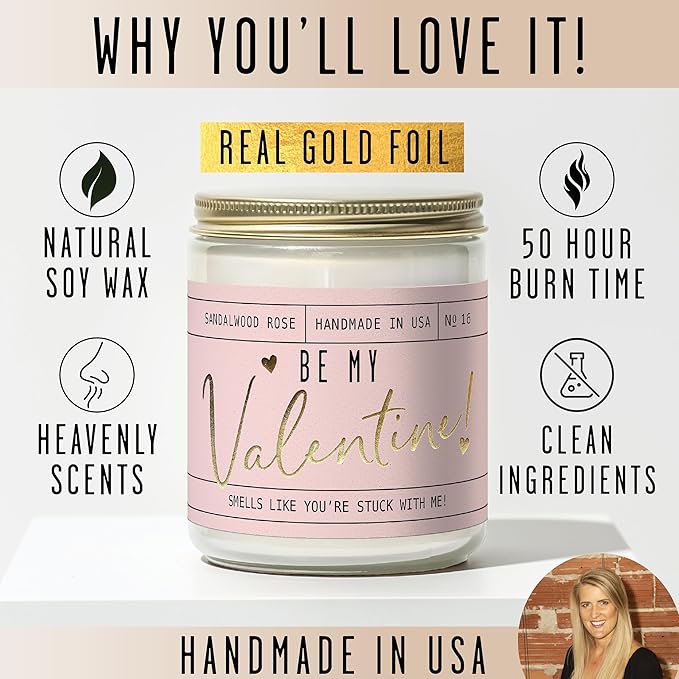 Valentines Day Gifts for Her, Valentine Candles, Valentines Gift for Girlfriend -Will You Be My Valentine Candle, w/Sandalwood & Red Roses I Valentines Gifts for Wife I 9oz, 50Hr Burn, USA Made