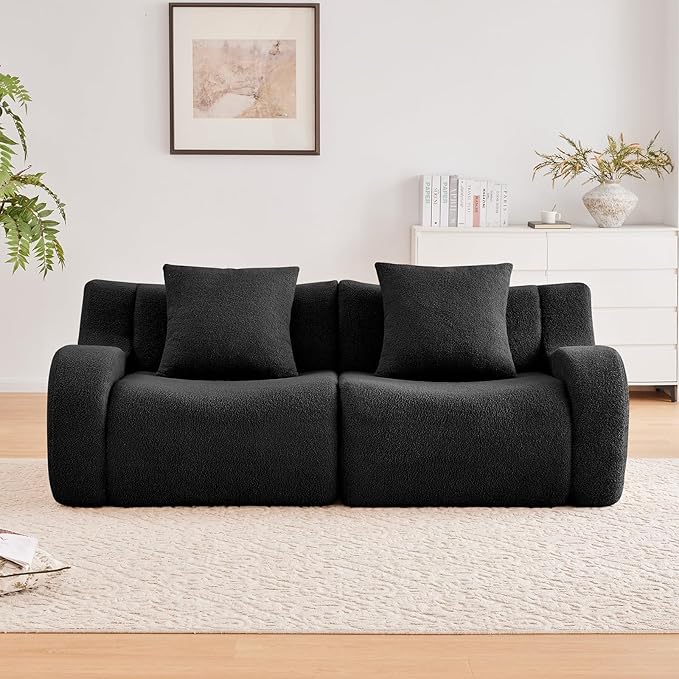 Black Cloud Couch Loveseat, Modern Teddy Fabric Boneless Sectional Sofa in a Box for Living Room, Modular Floor Couch, No Assembly Required, Sofas para Sala