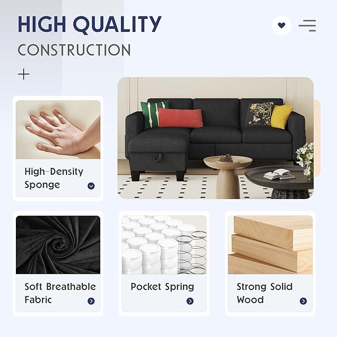 ZeeFu Convertible Sectional Sofa Couch: Classic 3 Seat L-Shaped Sectional Sofa Couches with Storage Ottoman - Modern Black Velvet Upholstered Sofa Set for Living Room Office Small Space Apartment