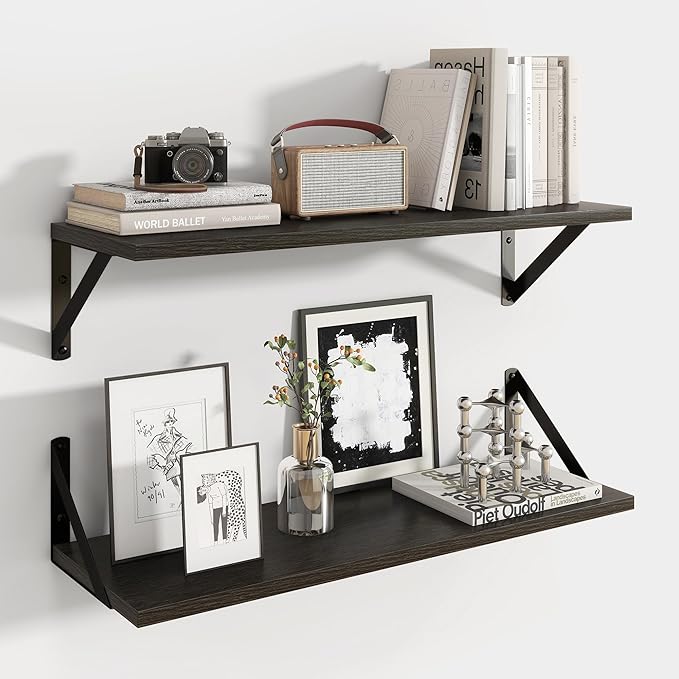 Axeman Black Floating Shelves for Wall | 24 Inch Floating Shelves Set of 2 | 24W x 8D Rustic Wood Shelves for Bathroom Kitchen Living Room | Bookshelf Display Shelves - Black