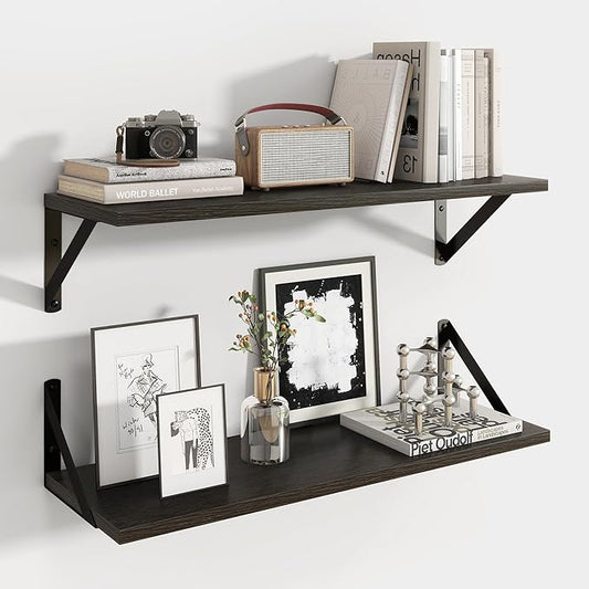 Axeman Black Floating Shelves for Wall | 24 Inch Floating Shelves Set of 2 | 24W x 8D Rustic Wood Shelves for Bathroom Kitchen Living Room | Bookshelf Display Shelves - Black