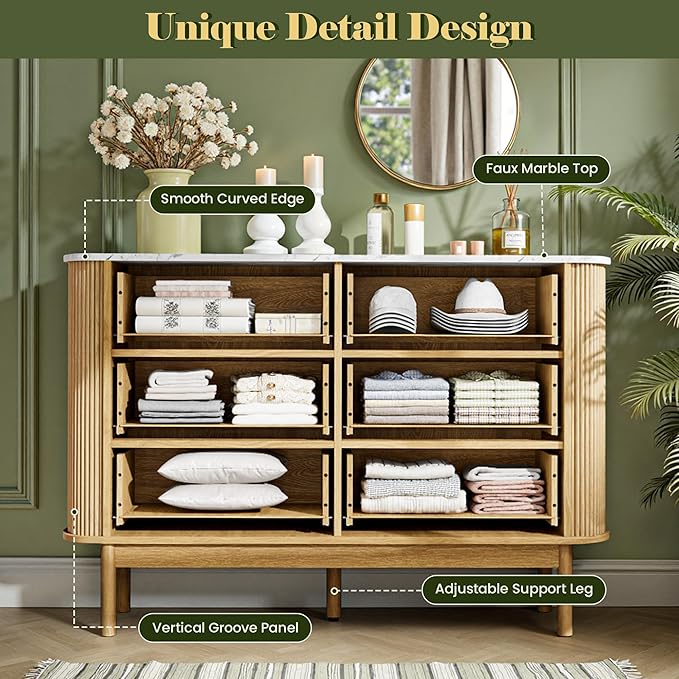 Fluted 6 Drawer Storage Cabinet, 47" Wide Chest of Drawers with Faux Marble Top & Curved Profile Design, Modern Buffet Cabinet, Wood Sideboard for Living Room, Hallway, Natural