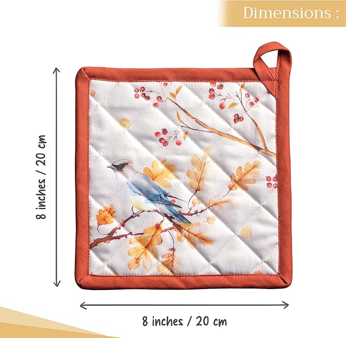 Maison d' Hermine Pot Holders Set 100% Cotton Heat Resistant Potholders 8" x 8" Hot Pads with Loop for Thanksgiving Christmas Decorations BBQ Cooking Baking Handling Hot Pans (Pack of 2, Oak Leaves)