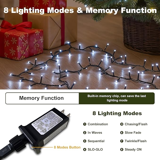 2-Pack Connectable 210FT 600LED Christmas String Lights Waterproof, Twinkle Lights with 8 Modes, Bright Indoor String Lights, String Lights Outdoor Green Wire for Holiday Party Christmas Decorations