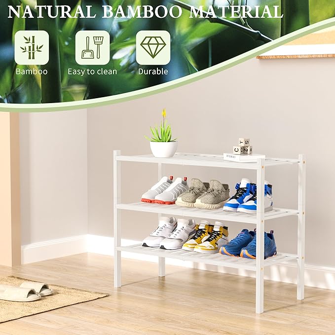 3 Tier Bamboo Shoe Rack for Closet Free Standing Wood Shoe Shelf Storage Organizer for Entryway Small Space Stackable 27"x11"x20" (White)