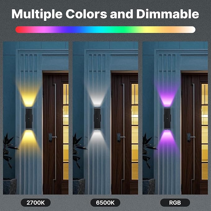 Outdoor Wall Lights 2 Pack, RGBCW Exterior Lighting Sconce,2700K-6500K Dimmable Smart Porch Lights Outdoor for House Patio Garage, Compatible with Alexa/Google Assistant, Bulb Included