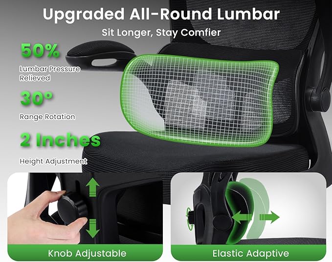 Ergonomic Office Chair, Comfy Desk Chair with Adjustable Lumbar Support, Mesh Computer Chair with Wheels, Flip-up Armrests, Swivel Rolling Executive Chair for Home Office, Gaming, Black