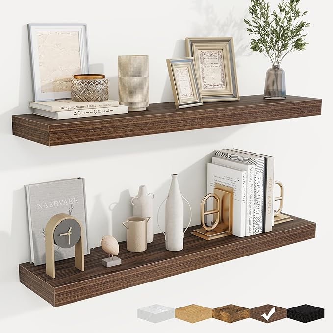 fuqing Floating Shelves for Wall, Wall Mounted Wood Floating Shelf with Invisible Brackets for Living Room, Bathroom, Bedroom, Kitchen Storage and Decor, 36 Inch Set of 2, Walnut