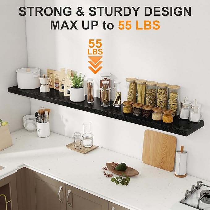 72 Inch Floating Shelves 2 Pack, 8 Inch Deep Floating Shelf Wall Mounted, Large Shelves with Invisible Bracket for Books|Storage, Rustic Wood Wall Shelf for Bedroom, Kitchen, Living Room, Black