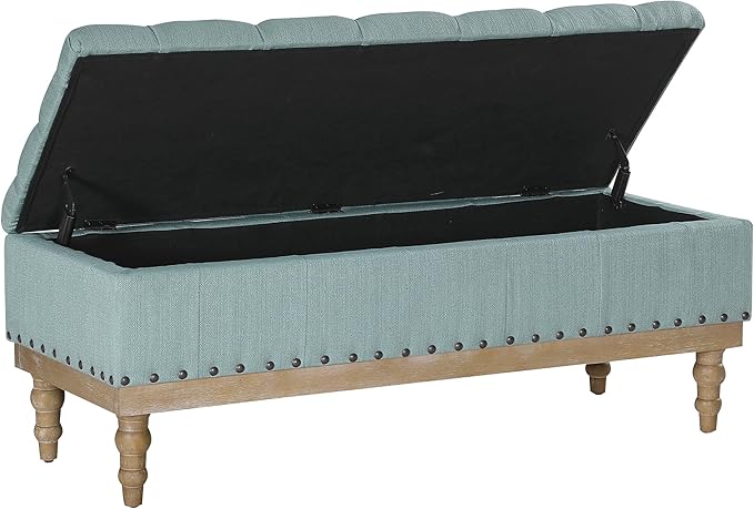 OSP Home Furnishings Landis Button Tufted Padded Top Storage Bench with Brushed Legs, Sea Blue Fabric