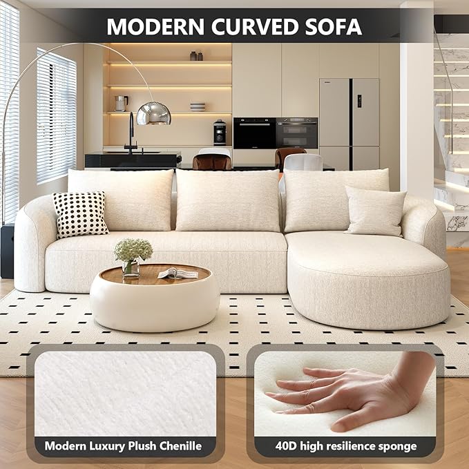 111" Modular Sectional Couches Luxury Modern Curved Back Sofa,Minimalist Comfy L-Shape Boneless Cloud Couch for Living Room Apartment,(Right Facing Chaise,White)