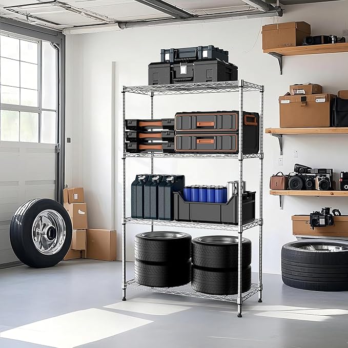 1000 lbs 4Tier Shelf Metal Storage Shelves Wire Rack Closet Organizers with Wheel for Garage Kitchen Bathroom Laundry Chrome 13.7" D x 29.5" W x 47.2" H