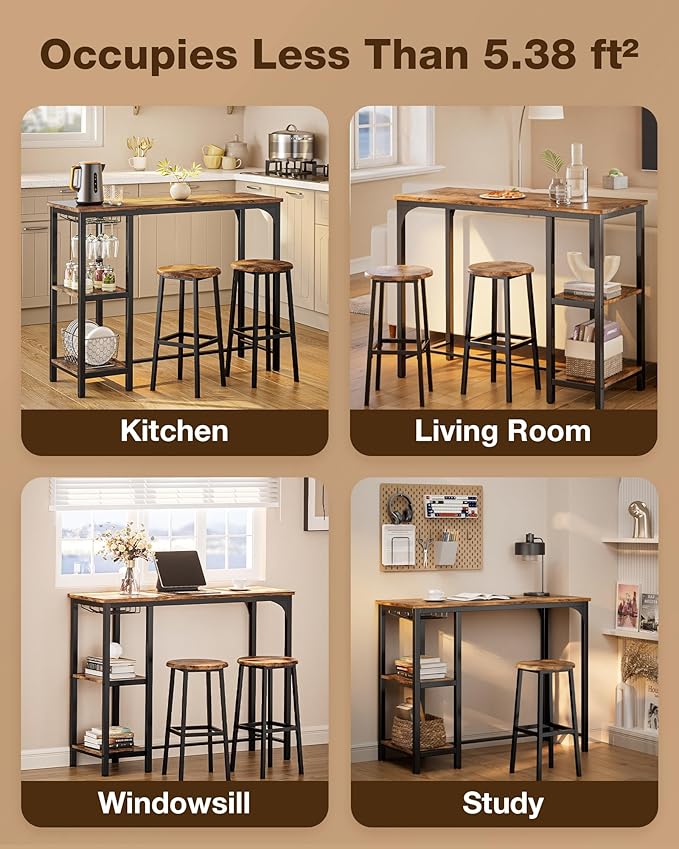 3-Piece Bar Table Set for 2, Bar Height Table with Stools & 2 Storage Shelves, Small Bar Table Set with Glass Rack, Small Kitchen Table for Dining Room, Living Room, Rustic Brown