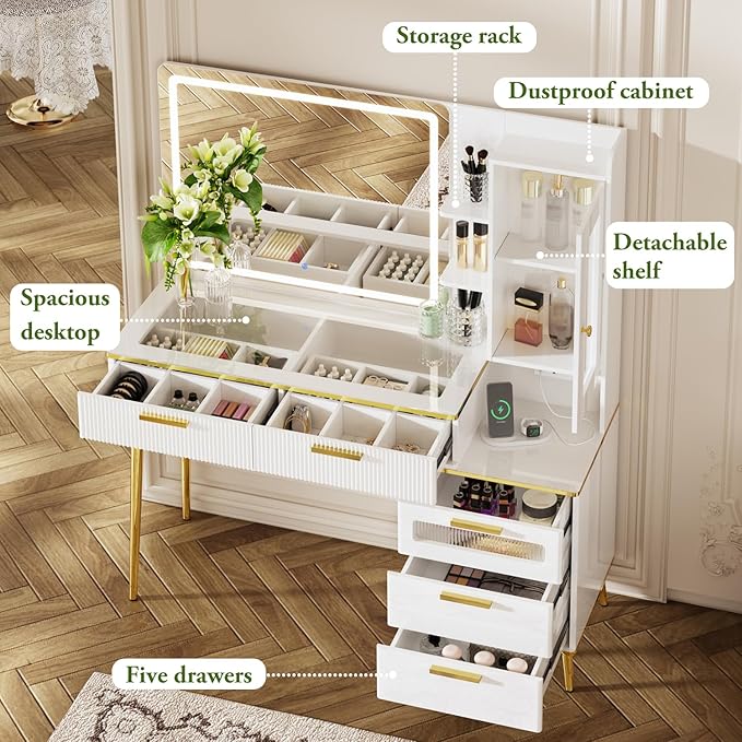 47.24" Big Modern Vanity Desk with Mirror and Lights,Makeup Vanity Desk with 5 Drawers and Storage Shelves & Power Outlet,Dressing Table with Glass Top, White