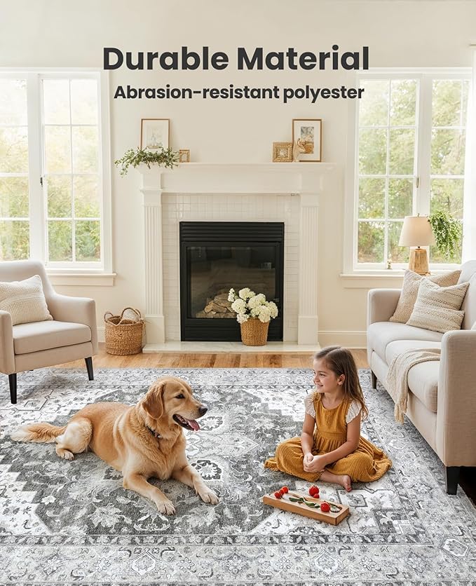 AMADA HOMEFURNISHING 8x10 Area Rugs, Low-Profile Large Washable Area Rug with Non-Slip Backing & Durable Edge Binding, Vintage Rugs for Living Room, Bedroom, Dinning Room