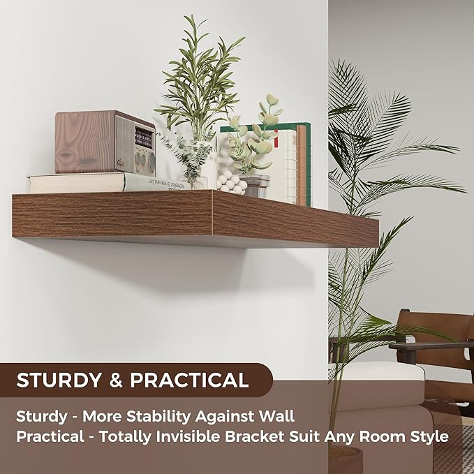 Floating Shelves for Wall, 40" W x 12" D x 2" H, 1 Pack of Long Wall Mounted Engineered Wood Shelves with Invisible Brackets for Living Room, Bedroom, Bathroom, Kitchen Decor, Walnut