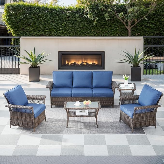 5 Pieces Wicker Patio Furniture Set - Hollow Widen Armrests Outdoor Rattan Chairs, 3 Seat Sofa with Coffee Table & Side Table, Small Patio Convention Set for Deck and Backyard - Brown/Blue