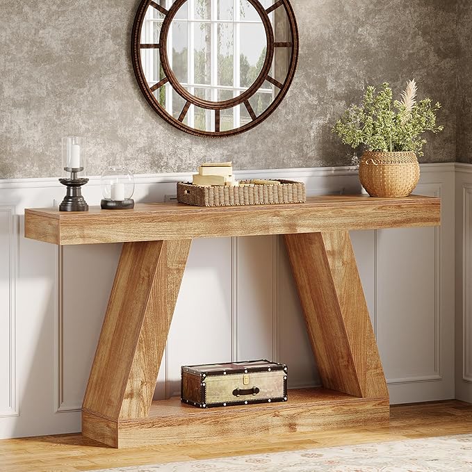 Tribesigns Farmhouse Console Table, 55-Inch Rustic Sofa Table with Storage, Industrial Wooden Entryway Table for Hallway, Living Room, Natural Brown
