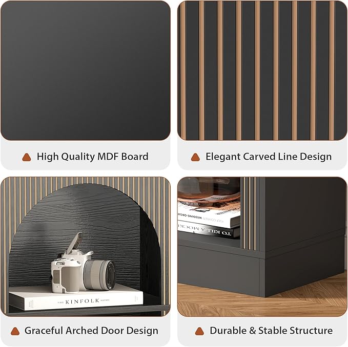 Console Table with 3-Tier Open Storage, 63" Arched Entryway Table with Carved Fluted Panels, Rectangular Wooden Sofa Table for Living Room, Hallway, or Behind Couch (1, Black)