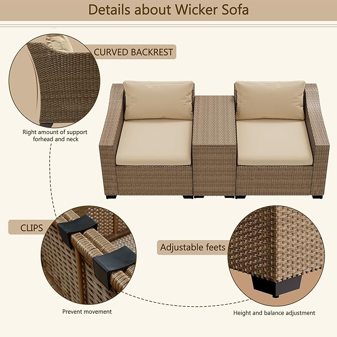 LHBcraft Patio Conversation Set Rattan Outdoor Sectional Furniture Sofa Set Wicker Couch with Coffee Table and Cushions for Poolside, Backyard (Yellow-Beige, 3-PCS)