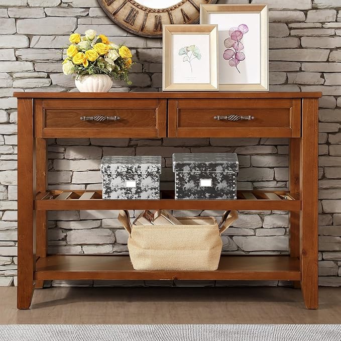 KEIKI 42”L Pine Solid Wood Entryway Console Table with 2 Storage Drawers, Mid-Century Retro Behind Couch Sofa Table with 2 Tiers Open Shelf for Hallway, Entrance, Entry Way, Living Room, Foyer