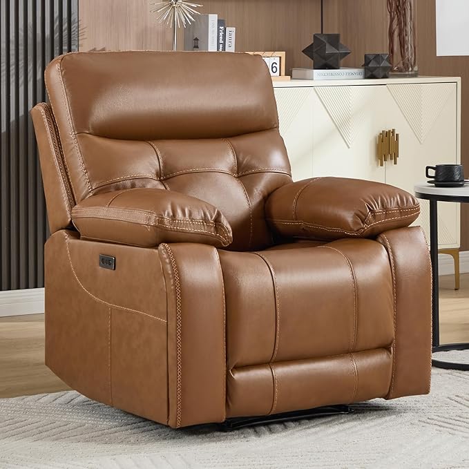 CANMOV Genuine Leather Recliner Chair, Power Single Reclining Sofa with Comfortable Arms and Back, Modern Electric Recliner Couch Set with Hidden Cup Holders,USB, Type C Port for Living Room,Brown