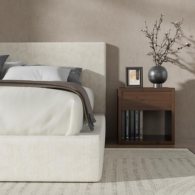 RECCI Cloud Upholstered Queen Bed Frame with Headboard, 5 Inch Foam Padded Platform, No Box Spring, Easy Assembly(Cream)