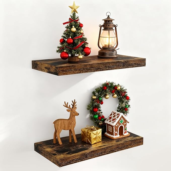 Floating Shelves 16 Inch Long, Wall-Mounted Bathroom Shelves Set of 2, 9.3 Inch Deep Shelf for Home Storage & Display, Wooden Deep Wall Shelves for Bedroom, Living Room, Kitchen, Rustic Brown