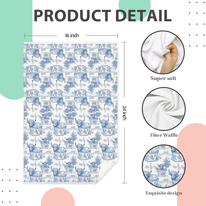 Blue Chinoiserie Highland Cow Kitchen Towels, Blue and White Grandmillennial Highland Cow Dish Tea Towels, Toile de Jouy Farm Animal Decorative Hand Towel for Bathroom Kitchen, 16x24 Inch