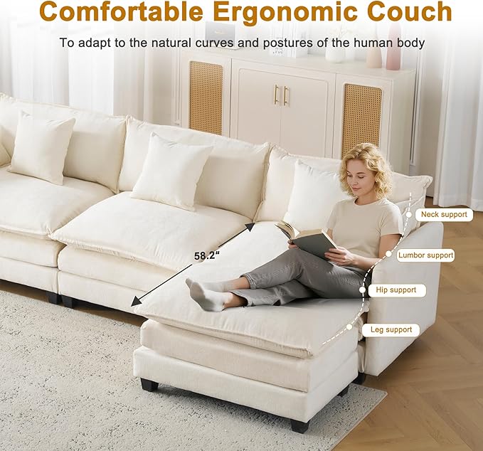 111.4" Cloud L Shaped Sectional Couch with Ottoman｜Modular Chenille Sofa with 29.1" Deep Seat｜FSC Solid Wood Frame｜Easy Assembly & 1YR Guarantee｜for Living Room Bedroom Apartment