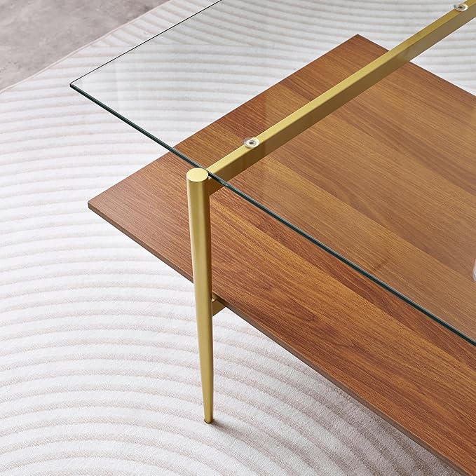 Extra Large Rectangle Glass Coffee Table, Mid-Century Modern Design, for Living Room, L47 x W24 x H17 Inch, Clear Glass Top and Walnut MDF Shelf, Sleek Conical Metal Legs with Gold Finish