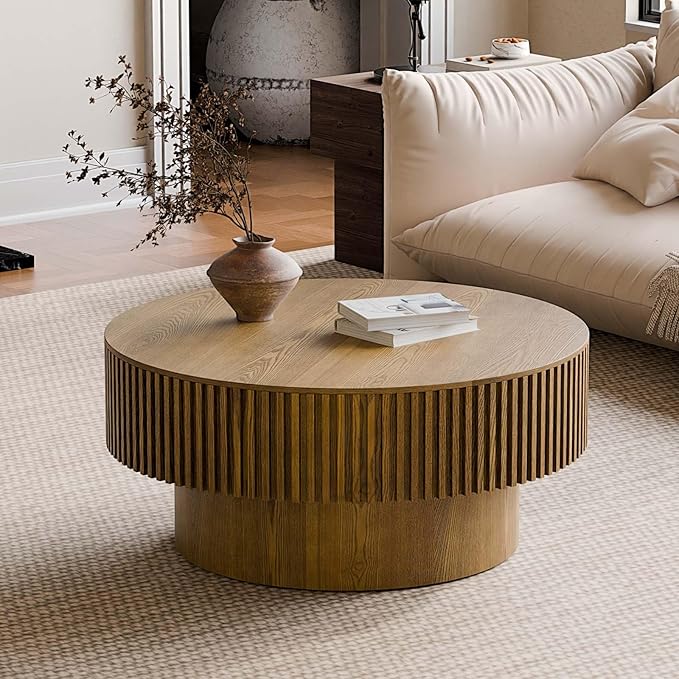 31.5'' Small Round Coffee Table with Storage, Fluted Coffee Table with Solid Wood Veneered, Mid Century Modern Wooden Center Table, Accent Tea Table for Small Space Living Room Apartment, Brown