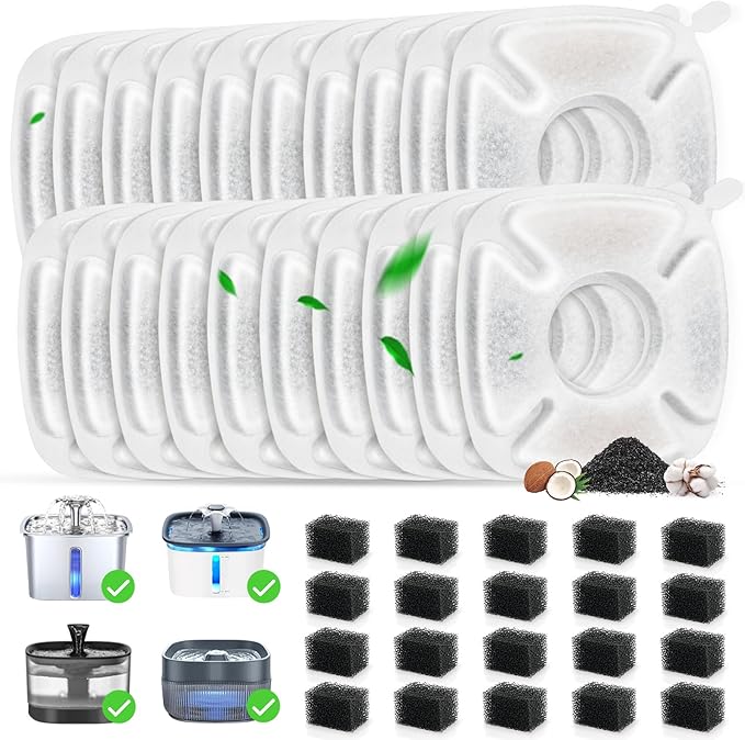 40 Pack Cat Water Fountain Carbon Filters, 20 Pcs Replacement Pet Filters with 20 Pcs Pre-Sponges Compatible with 67oz/2L 95oz/2.8L 135oz/4L Automatic Cats Dog Water Fountain Dispenser