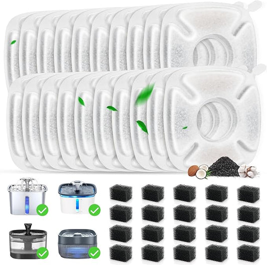 40 Pack Cat Water Fountain Carbon Filters, 20 Pcs Replacement Pet Filters with 20 Pcs Pre-Sponges Compatible with 67oz/2L 95oz/2.8L 135oz/4L Automatic Cats Dog Water Fountain Dispenser