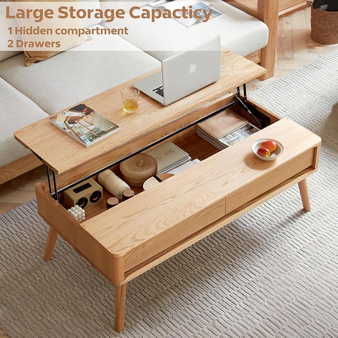 100% Solid Wood Lift Top Coffee Table for Living Room, Mid Century Modern Tables with Drawers and Large Storage, Oak Coffee Tables for Small Spaces (Oak Wood Log, 39.37" W x 21.65" D x 25.59" H)